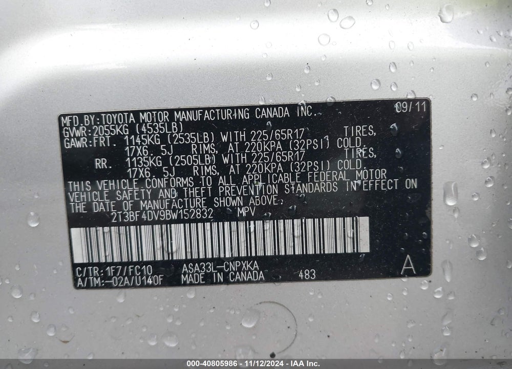 2011 TOYOTA RAV4 VIN: 2T3BF4DV9BW152832