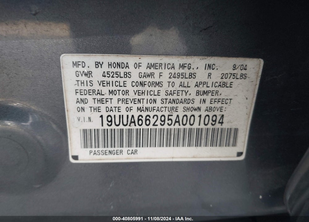 2005 ACURA TL BASE W/NAV SYSTEM (A5) VIN: 19UUA66295A001094