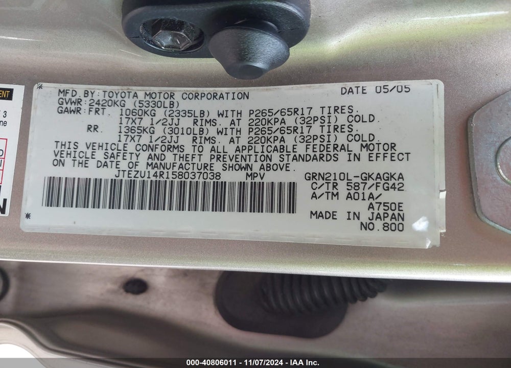 2005 TOYOTA 4RUNNER SR5 V6 VIN: JTEZU14R158037038