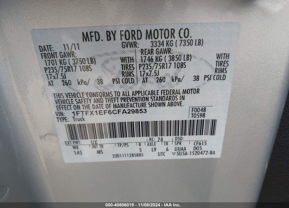 2012 FORD F-150 XLT VIN: 1FTFX1EF6CFA29853