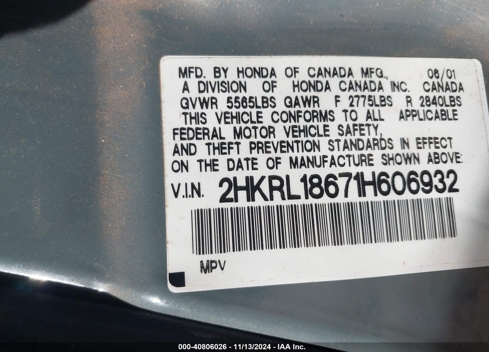 2001 HONDA ODYSSEY EX VIN: 2HKRL18671H606932