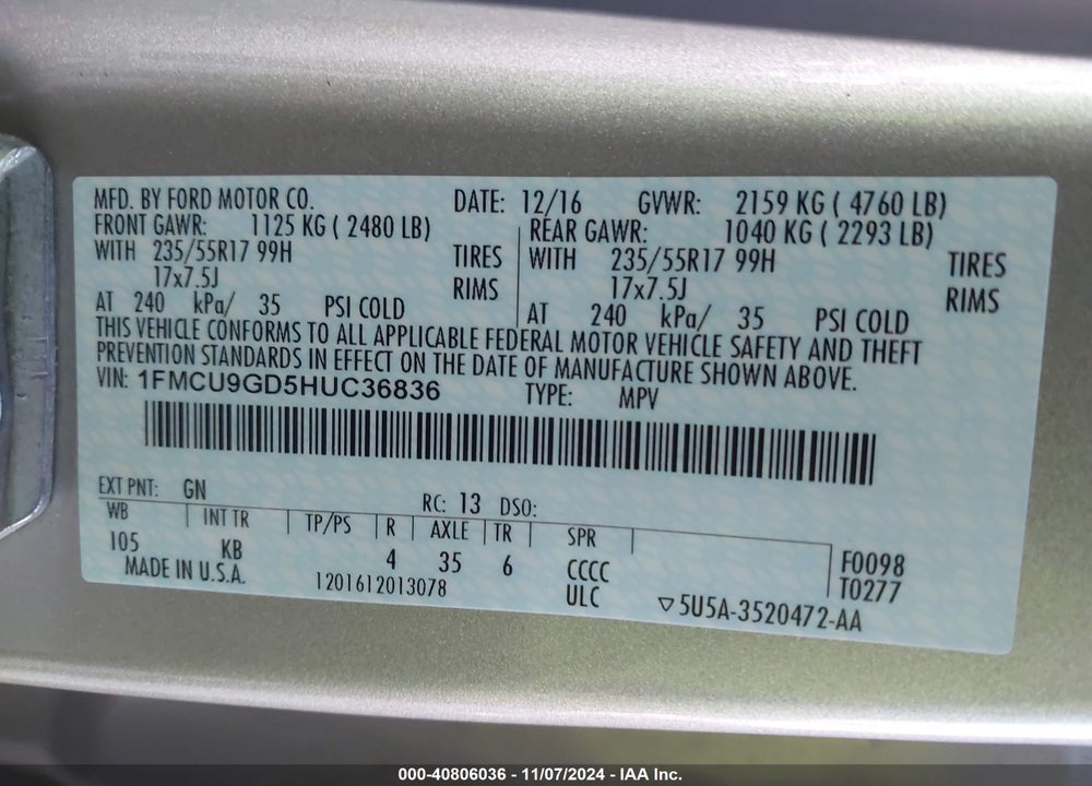 2017 FORD ESCAPE SE VIN: 1FMCU9GD5HUC36836