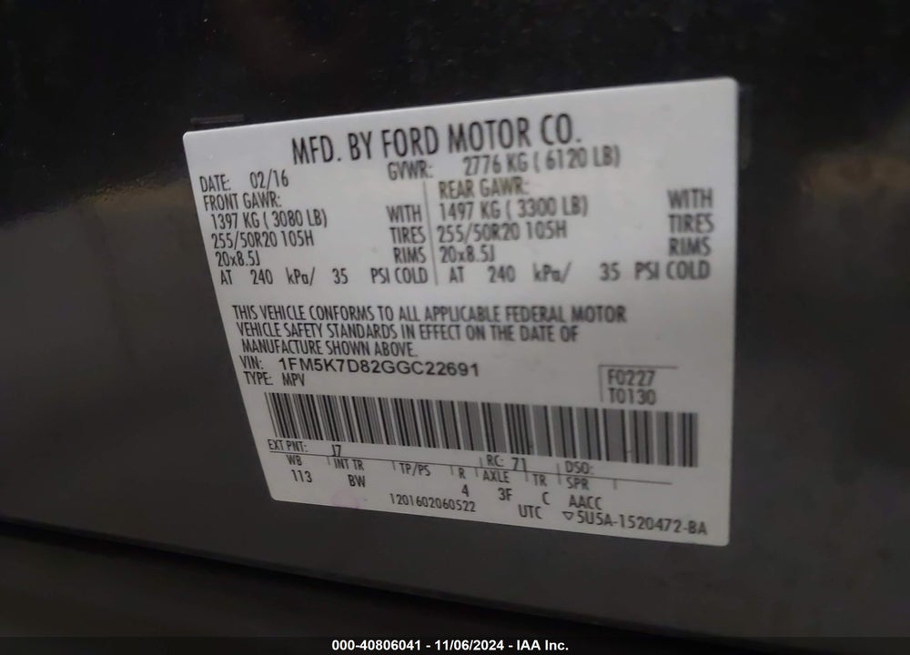 2016 FORD EXPLORER XLT VIN: 1FM5K7D82GGC22691