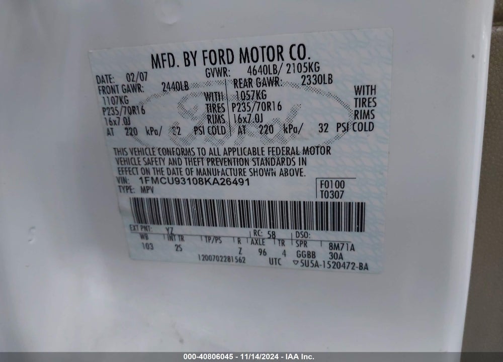 2008 FORD ESCAPE XLT VIN: 1FMCU93108KA26491