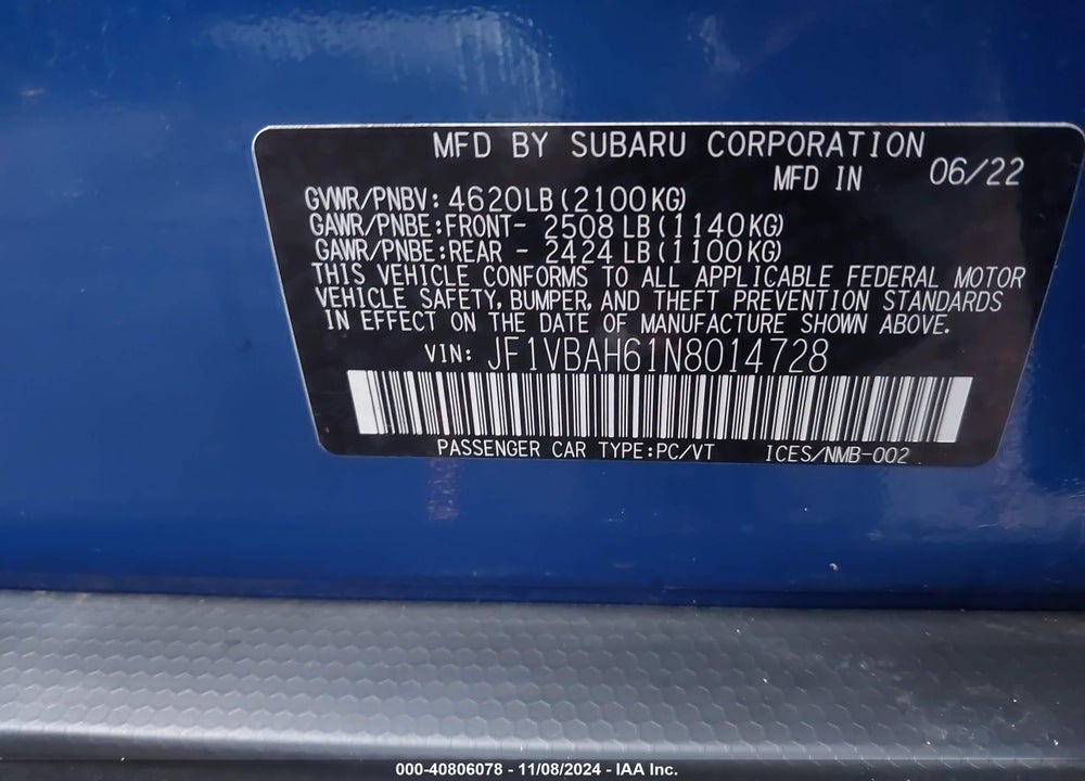 2022 SUBARU WRX PREMIUM VIN: JF1VBAH61N8014728