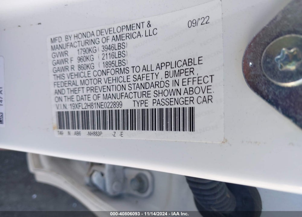 2022 HONDA CIVIC SPORT VIN: 19XFL2H81NE022899