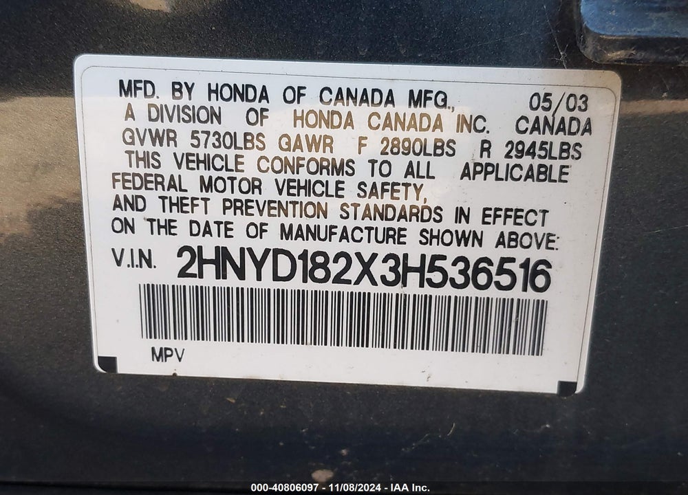 2003 ACURA MDX VIN: 2HNYD182X3H536516
