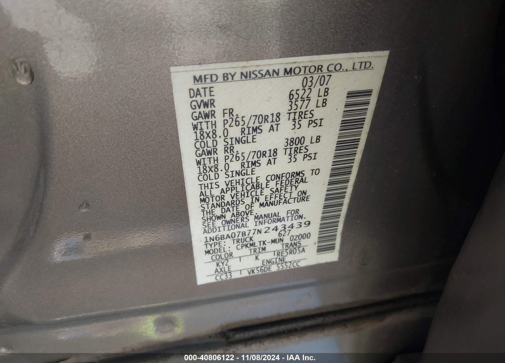 2007 NISSAN TITAN SE VIN: 1N6BA07B77N243439