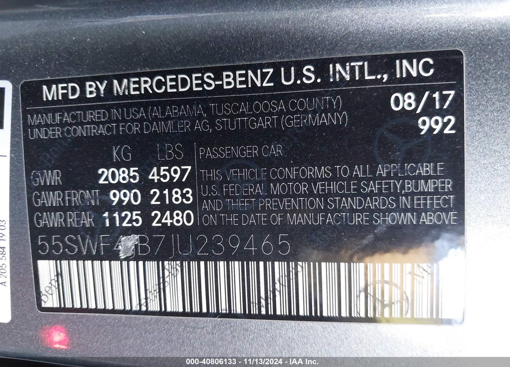 2018 MERCEDES-BENZ C 300 VIN: 55SWF4JB7JU239465