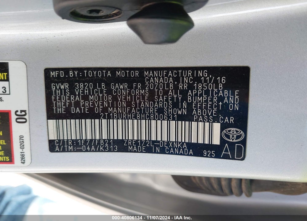 2017 TOYOTA COROLLA L/LE/XLE/SE/XSE VIN: 2T1BURHE8HC800631