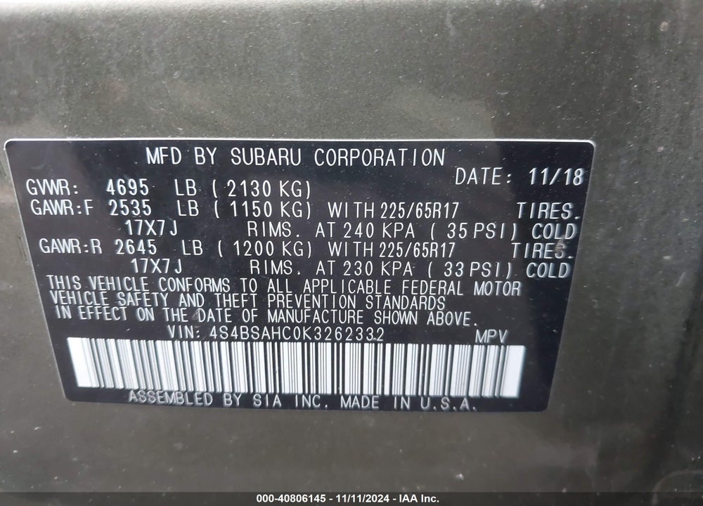 2019 SUBARU OUTBACK 2.5I PREMIUM VIN: 4S4BSAHC0K3262332