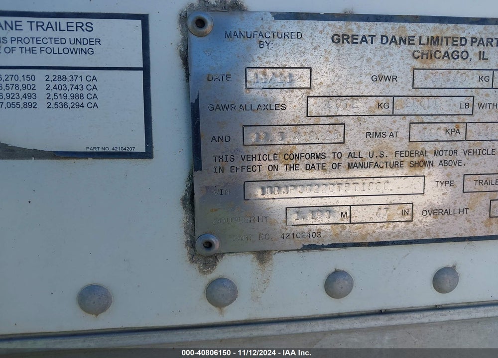 2012 GREAT DANE TRAILERS TRAILER VIN: 1GRAP0622CT571880