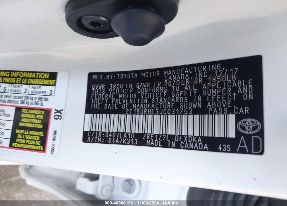2018 TOYOTA COROLLA L VIN: 2T1BURHE3JC031753
