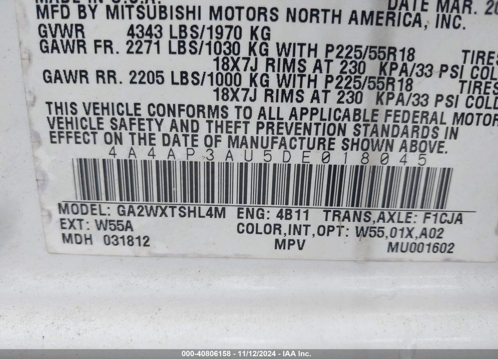 2013 MITSUBISHI OUTLANDER SPORT ES VIN: 4A4AP3AU5DE018045