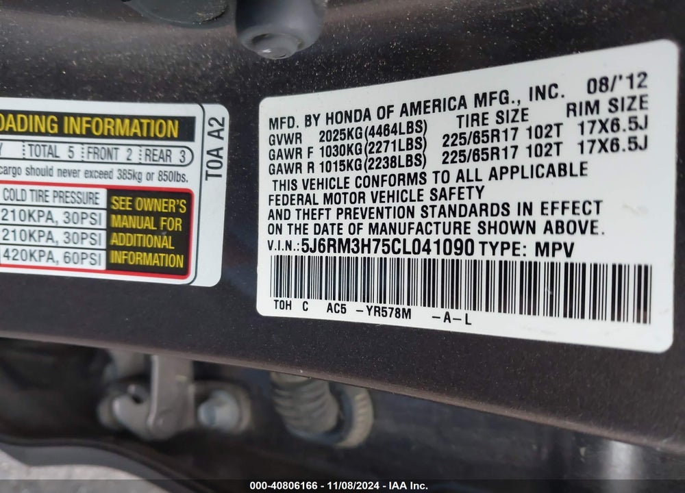 2012 HONDA CR-V EX-L VIN: 5J6RM3H75CL041090
