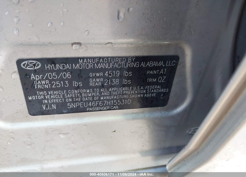 2007 HYUNDAI SONATA LIMITED/SE V6 VIN: 5NPEU46F67H155310