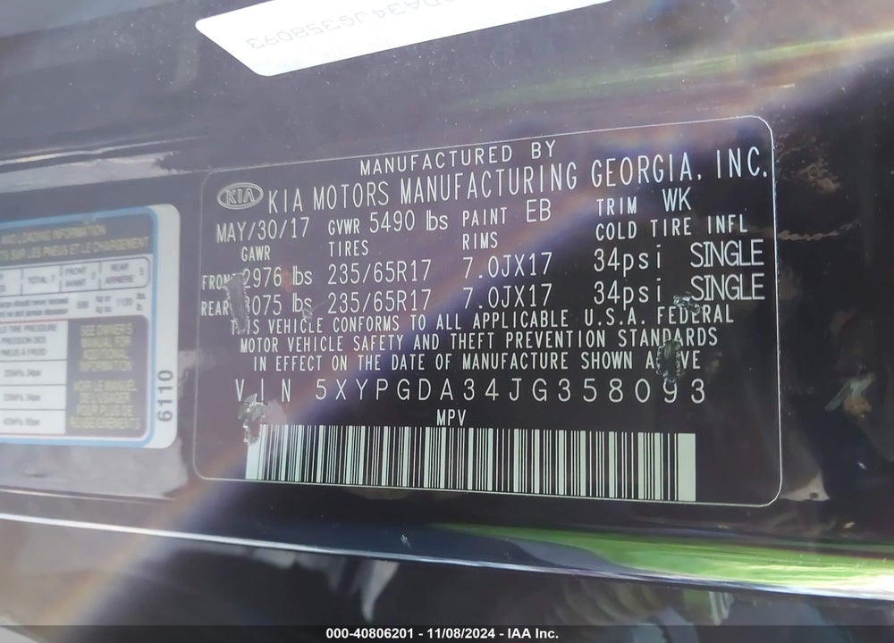 2018 KIA SORENTO 2.4L LX VIN: 5XYPGDA34JG358093
