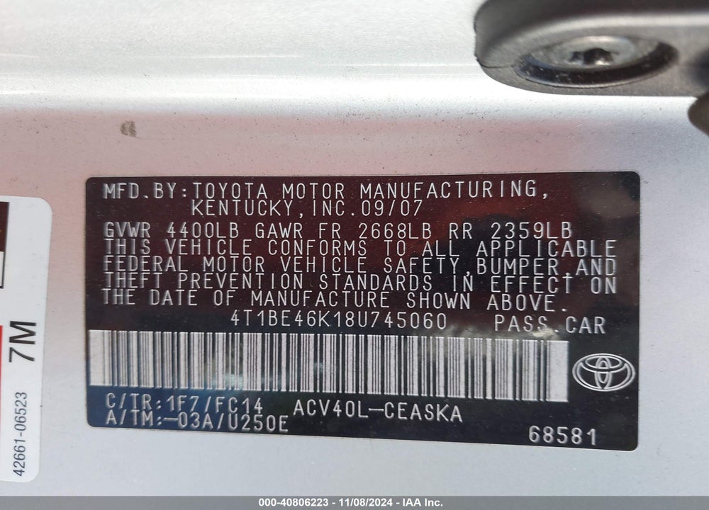 2008 TOYOTA CAMRY SE VIN: 4T1BE46K18U745060