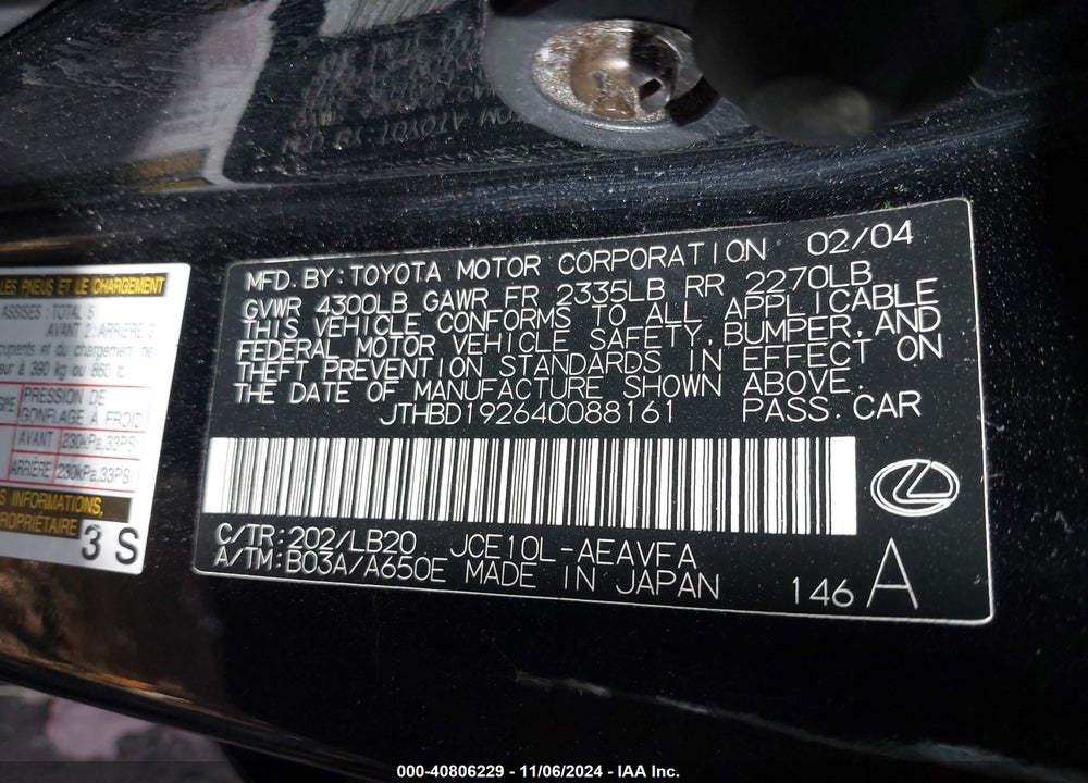 2004 LEXUS IS 300 VIN: JTHBD192640088161