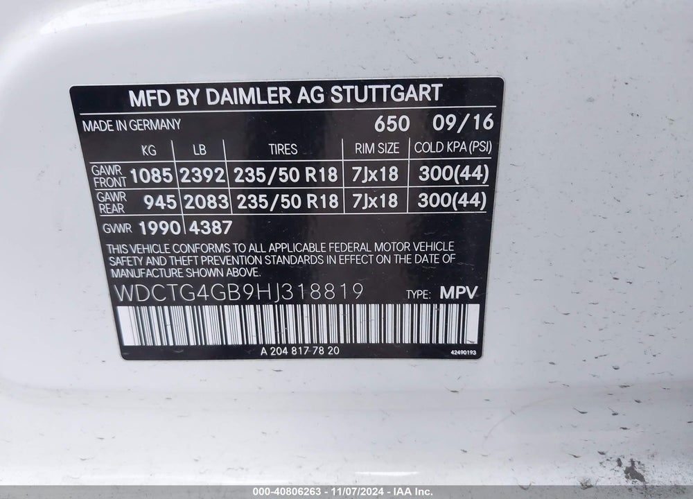 2017 MERCEDES-BENZ GLA 250 4MATIC VIN: WDCTG4GB9HJ318819