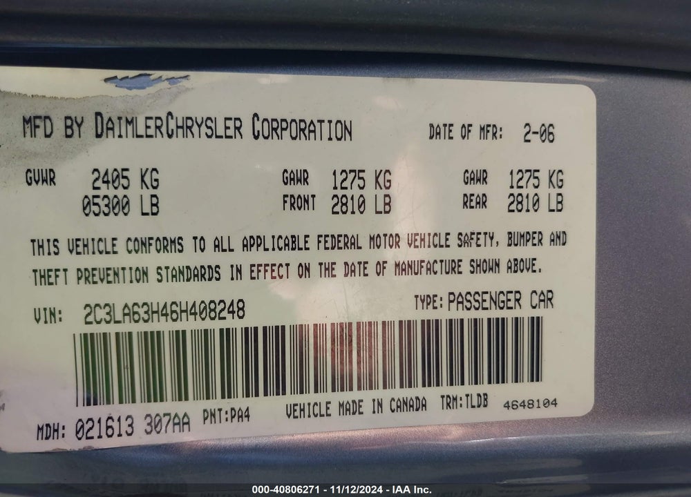 2006 CHRYSLER 300C VIN: 2C3LA63H46H408248