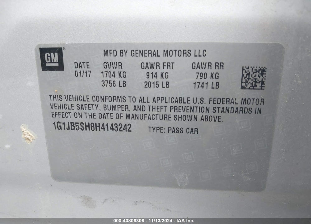 2017 CHEVROLET SONIC LS AUTO VIN: 1G1JB5SH8H4143242