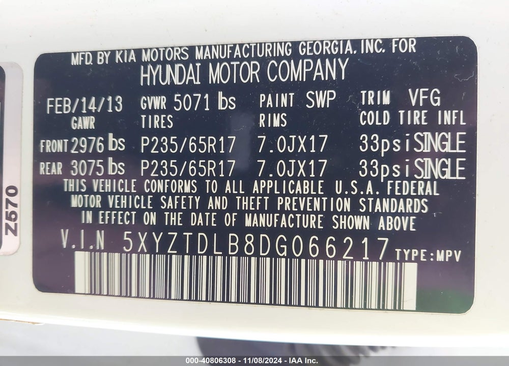2013 HYUNDAI SANTA FE SPORT VIN: 5XYZTDLB8DG066217