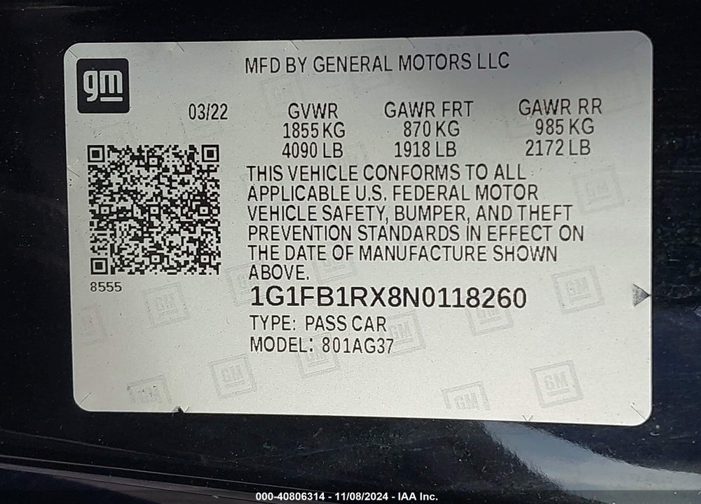 2022 CHEVROLET CAMARO RWD 1LT VIN: 1G1FB1RX8N0118260