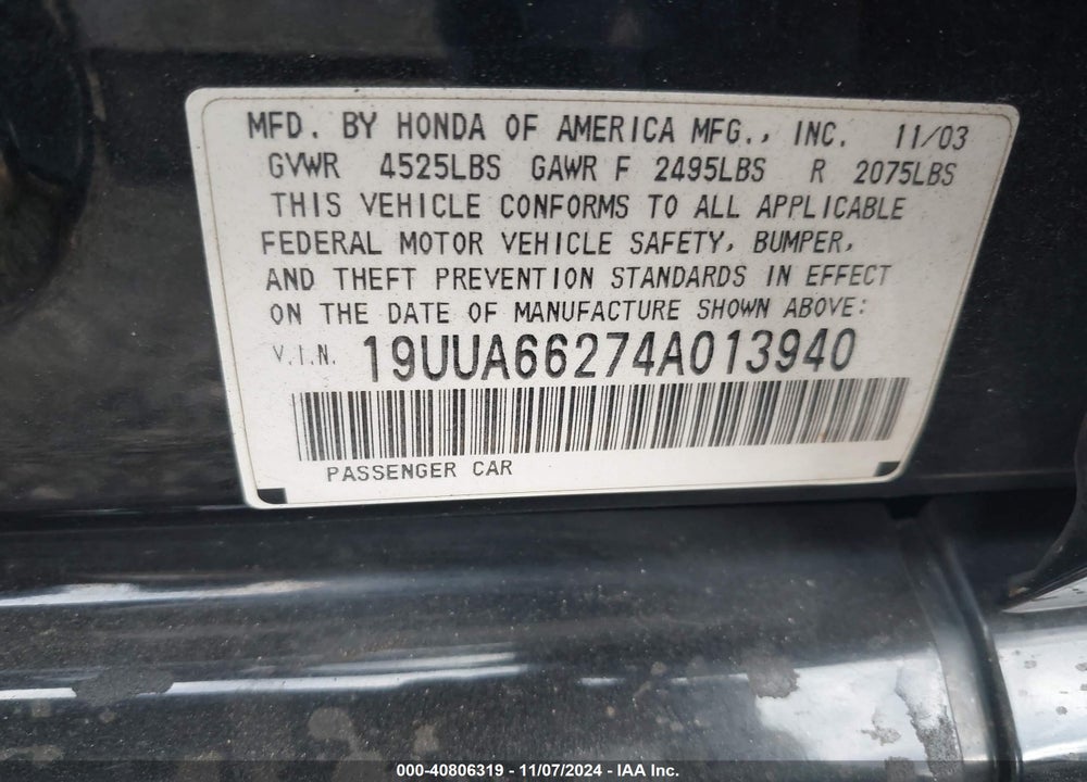 2004 ACURA TL VIN: 19UUA66274A013940