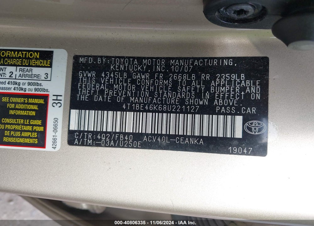 2008 TOYOTA CAMRY LE VIN: 4T1BE46K68U221127