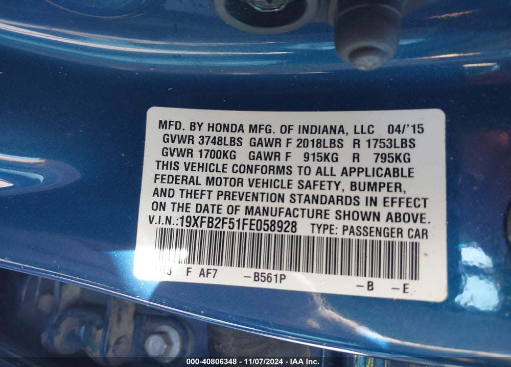 2015 HONDA CIVIC LX VIN: 19XFB2F51FE058928