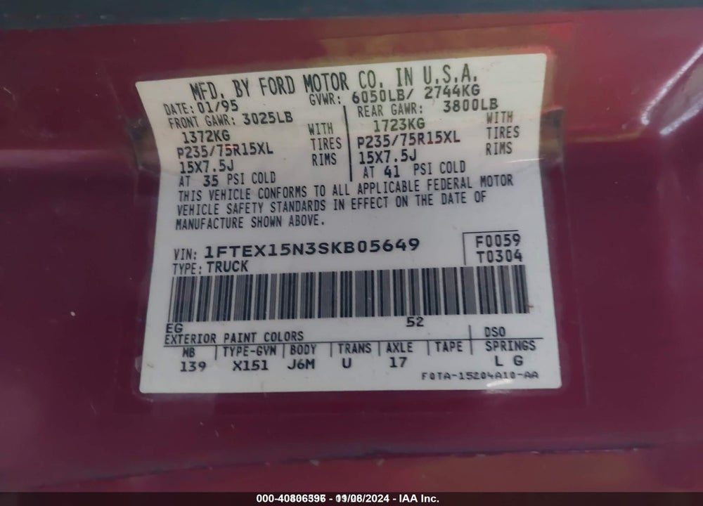 1995 FORD F150 VIN: 1FTEX15N3SKB05649