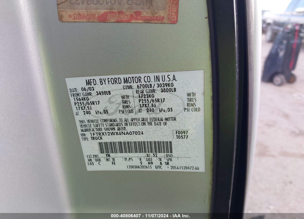 2004 FORD F-150 STX/XL/XLT VIN: 1FTRX12WX4NA07024