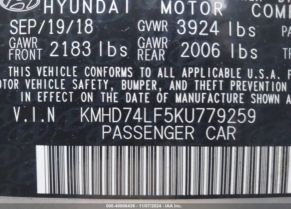 2019 HYUNDAI ELANTRA SE VIN: KMHD74LF5KU779259