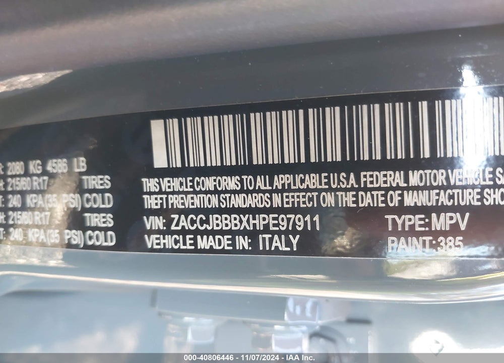 2017 JEEP RENEGADE LATITUDE 4X4 VIN: ZACCJBBBXHPE97911