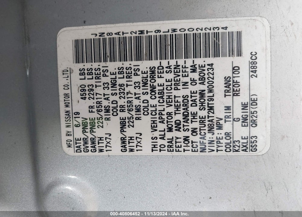 2020 NISSAN ROGUE S FWD VIN: JN8AT2MT9LW002234