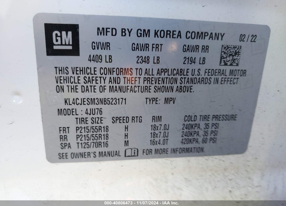 2022 BUICK ENCORE VIN: KL4CJESM3NB523171