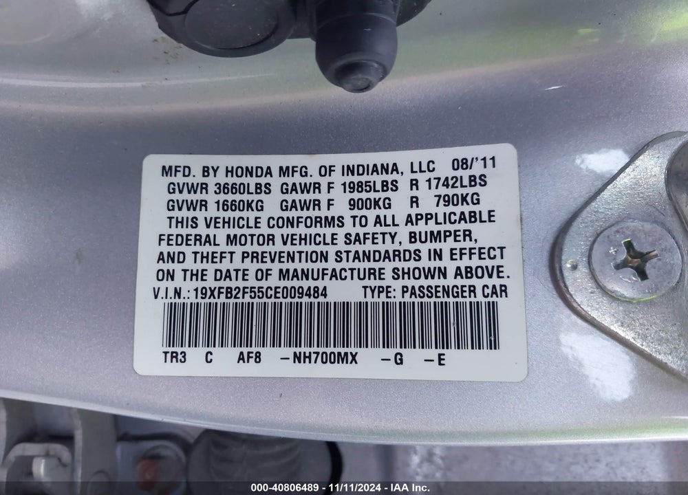 2012 HONDA CIVIC LX VIN: 19XFB2F55CE009484