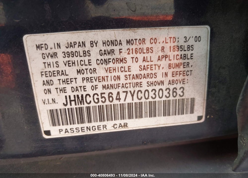 2000 HONDA ACCORD 2.3 LX VIN: JHMCG5647YC030363