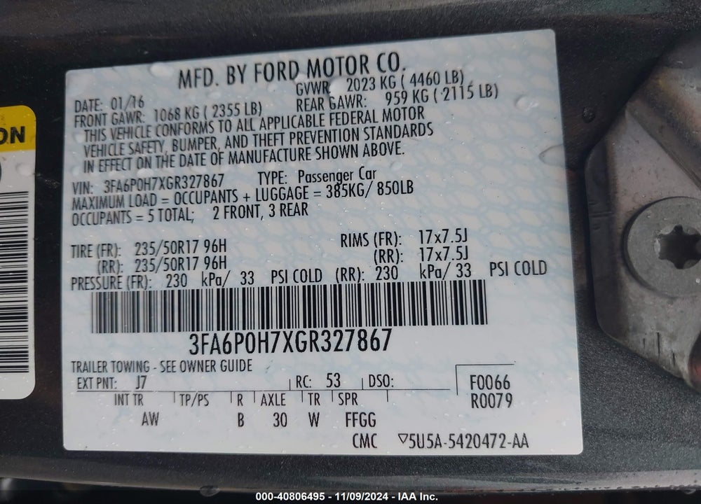 2016 FORD FUSION SE VIN: 3FA6P0H7XGR327867