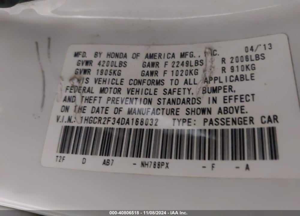 2013 HONDA ACCORD LX VIN: 1HGCR2F34DA168032