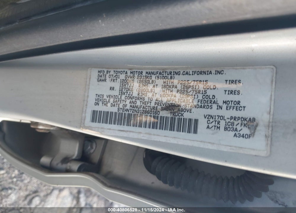 2001 TOYOTA TACOMA BASE V6 VIN: 5TEHN72N31Z860160