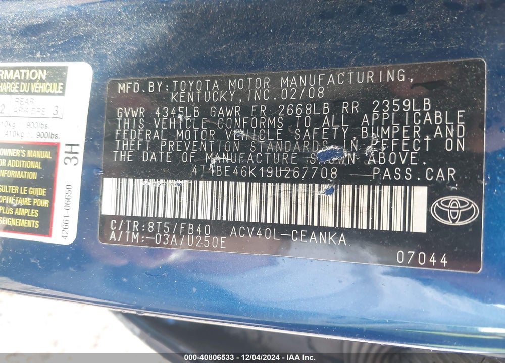 2009 TOYOTA CAMRY VIN: 4T1BE46K19U267708