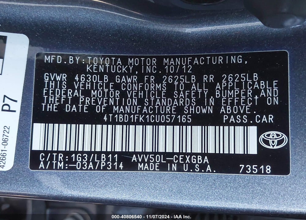 2012 TOYOTA CAMRY HYBRID XLE VIN: 4T1BD1FK1CU057165