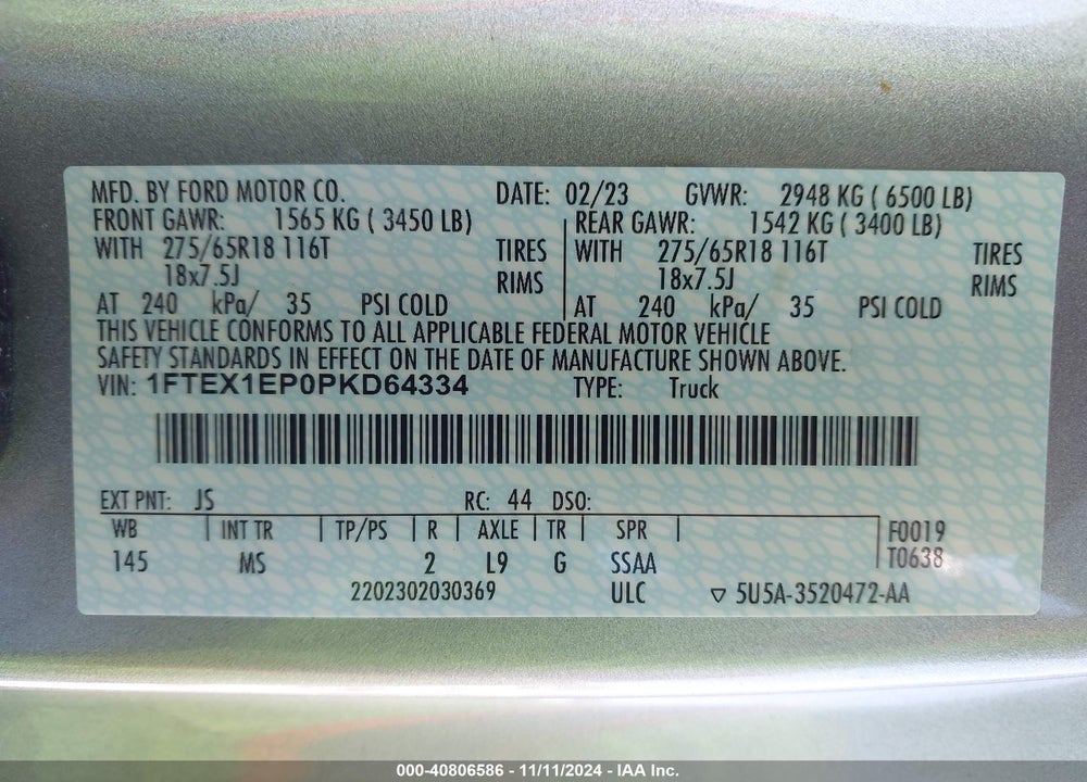 2023 FORD F-150 XLT VIN: 1FTEX1EP0PKD64334