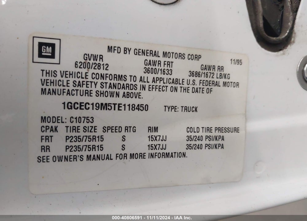 1996 CHEVROLET GMT-400 C1500 VIN: 1GCEC19M5TE118450