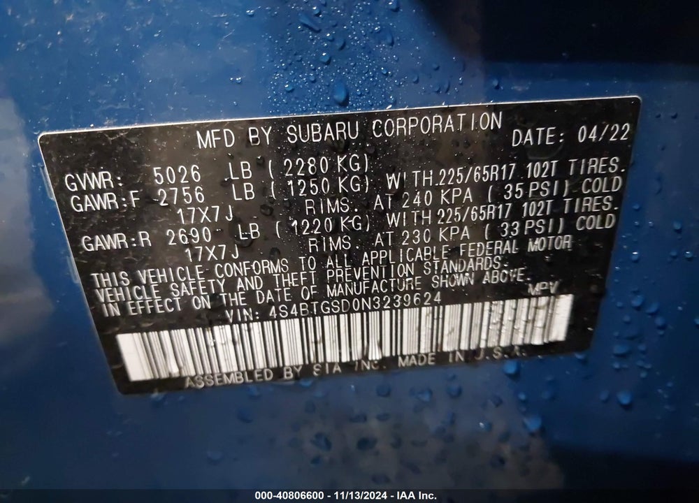 2022 SUBARU OUTBACK WILDERNESS VIN: 4S4BTGSD0N3239624