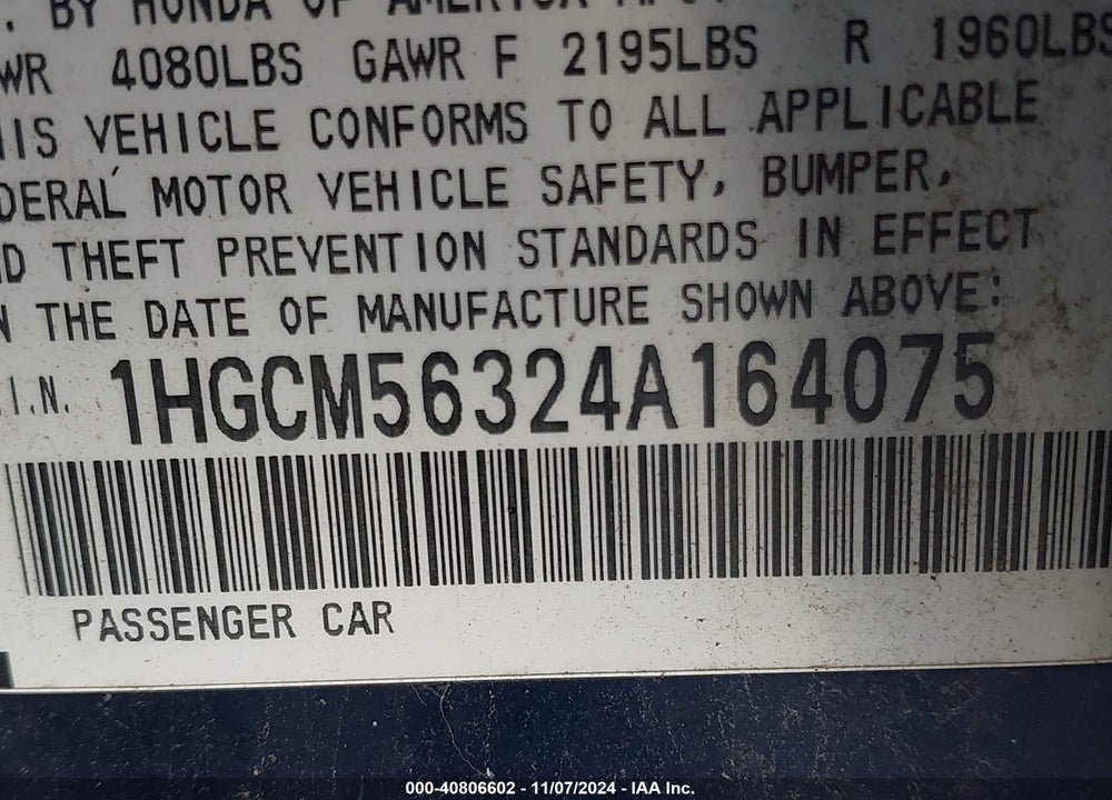 2004 HONDA ACCORD SDN LX VIN: 1HGCM56324A164075