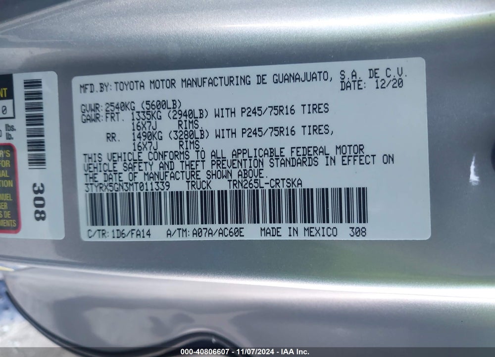 2021 TOYOTA TACOMA VIN: 3TYRX5GN3MT011339