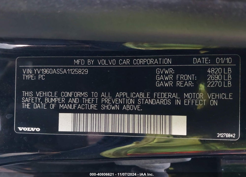 2010 VOLVO S80 3.2 VIN: YV1960AS5A1125829